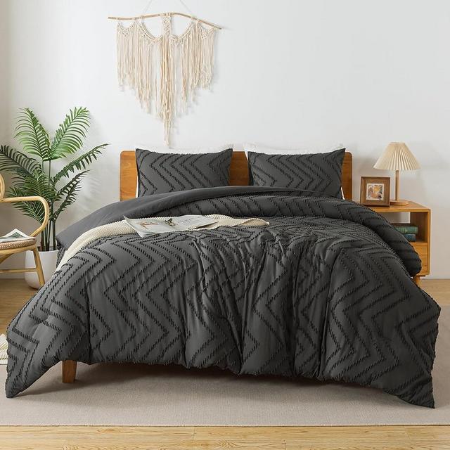 Litanika Dark Grey Comforter Set Queen Size, 3 Pieces Boho Chevron Tufted Bedding Set & Collections, All Season Bed Set (90x90In Comforter and 2 Pillow Shams)