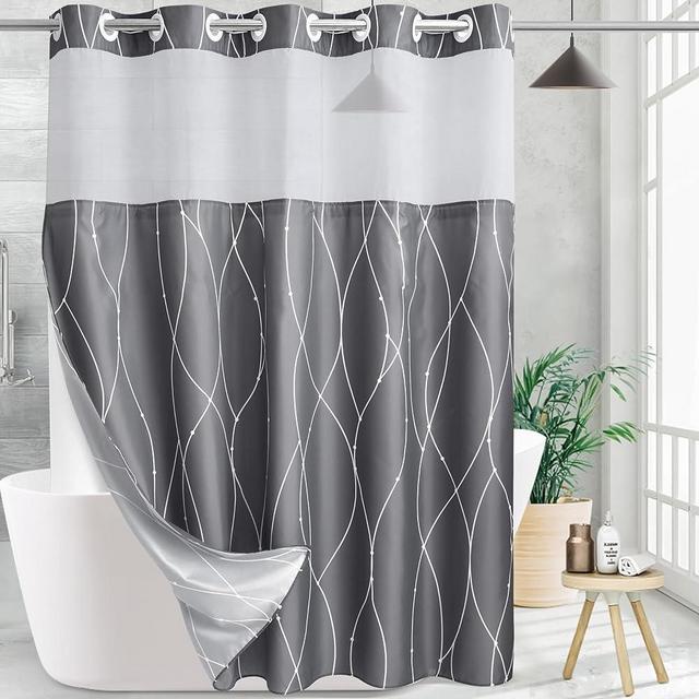 KONZENT Grey White Striped Fabric Shower Curtain with Snap in Removable Liner for Bathroom Bathtubs,Hotel Shower Curtain and Liner Set with See Through Mesh Top Window,Machine Washable (71"W X 74"H)
