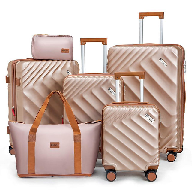 Rosamo 6 piece Luggage Set Expandable Suitcase 22x14x9 Airline Approved Carry on, ABS Hard Case Suitcases with Spinner Wheels, TSA Lock, (Pink)