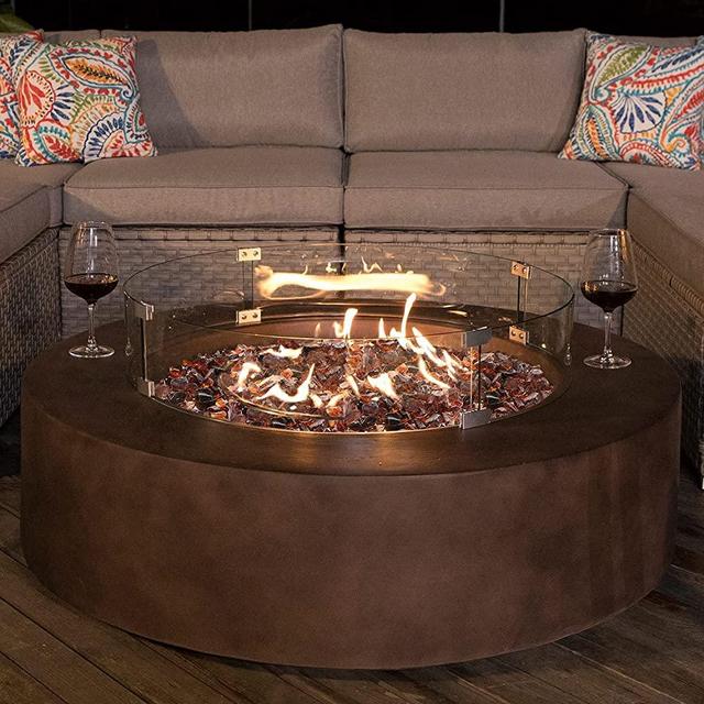 COSIEST Outdoor Propane Fire Pit Coffee Table w Dark Bronze 42-inch Round Base Patio Heater, 50,000 BTU Stainless Steel Burner, Wind Guard, Fire Glass, Rain Cover (Amber Yellow fire Glass)