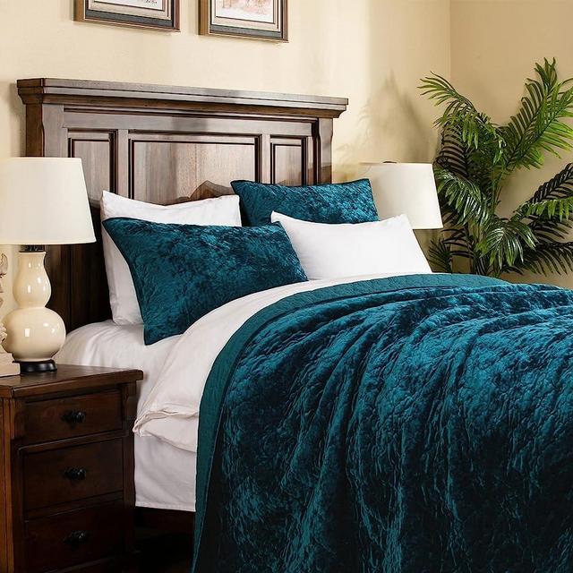 ELEGANT LIFE HOME Luxury Washed Crushed Velvet Artistic Diamond Stitching Bedding Quilt Set with Matching Sham, King/California King (106 in x 92 in /1+20 in x 36 in /2), 3 Piece, Peacock Blue