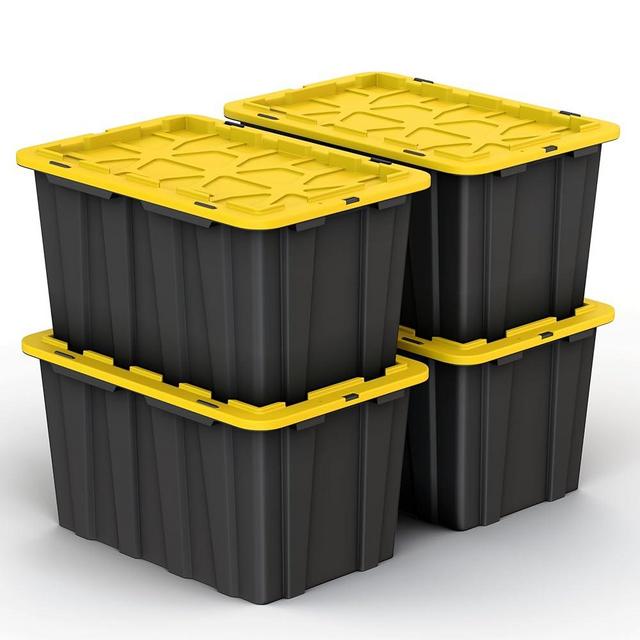 4 PACK Large Black & Yellow Storage Bins | Plastic Tote Organizing Container with Secure Latching Lids, Stackable, Extra Strength with Built in Handle | Black and Yellow Bins | 24.5" x 16.5" x 13.5"