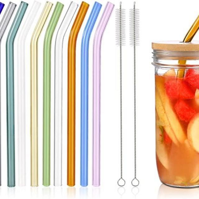 RENYIH 10 Pcs Reusable Bent Glass Drinking Straws