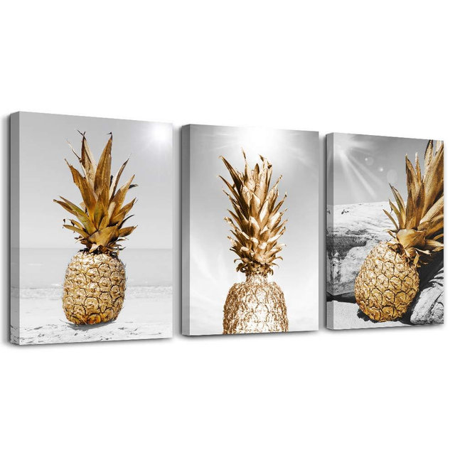 Canvas Wall Art For Bar Kitchen Living Room Office Bathroom Home Decoration Board Black And White Beach Scenery Golden Pineapple Pictures Artwork Restaurant Wall Decor Ready To Hang 12x16inch 3 Piece