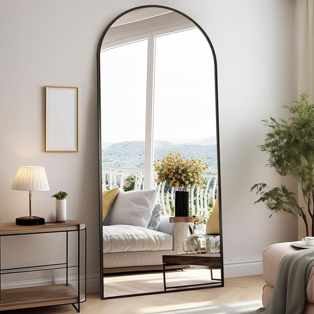 Rowjut Floor Length Mirror, 76"x34" Arched Full Length Mirror, Mirror Full Length Standing Hanging or Leaning, Freestanding Full Body Mirror, Wall Mounted Mirror with Thin Aluminum Frame (Black)