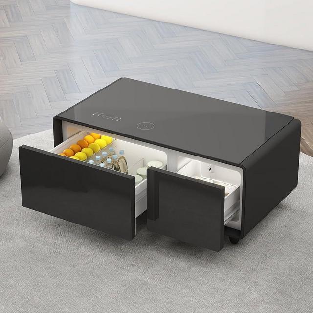 Gagawin Smart Coffee Table, Fridge Coffee Table with Bluetooth Speakers, Touch Control Panel, Wireless Charging, USB Ports, Outlet Protection, Atmosphere Light (Black, LT90 Pro)
