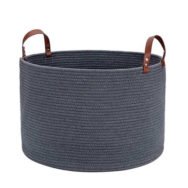 Large Cotton Rope Basket Woven Storage Basket 20''X13'' - Hombins Decorative Storage Basket with Handles Collapsible Laundry Hamper for Throws, Pillows, Blanket, Grey