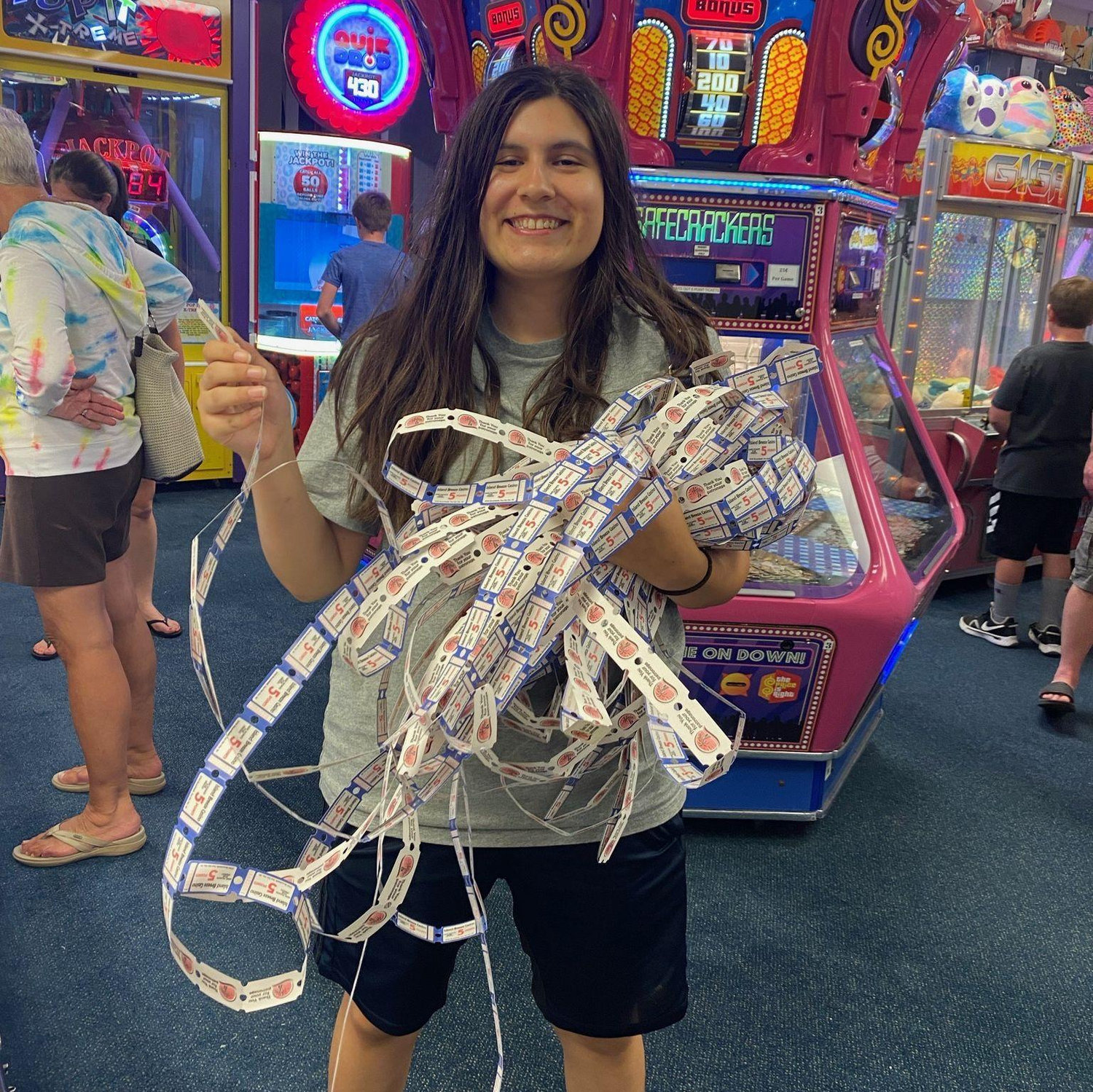 Mary won the skeeball jackpot on our first anniversary, July 2021