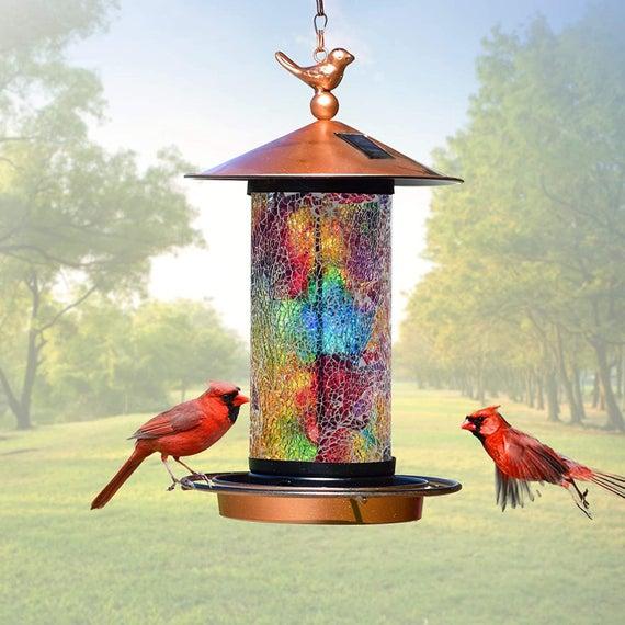 Solar Bird Feeder for Outside Garden Lantern Light Bird-House Wild Hanging Birdfeeder Waterproof Retro Mosaic Copper/gift for mother