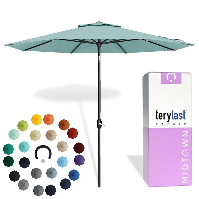 Midtown Umbrellas - 10-Year-No-Fade 9 Ft Patio Umbrella with Terylast Fabric, Auto-Tilt Aluminum Frame and 8 Reinforced Ribs for Deck, Pool, Garden & Beach - Aqua Canopy, Black Pole
