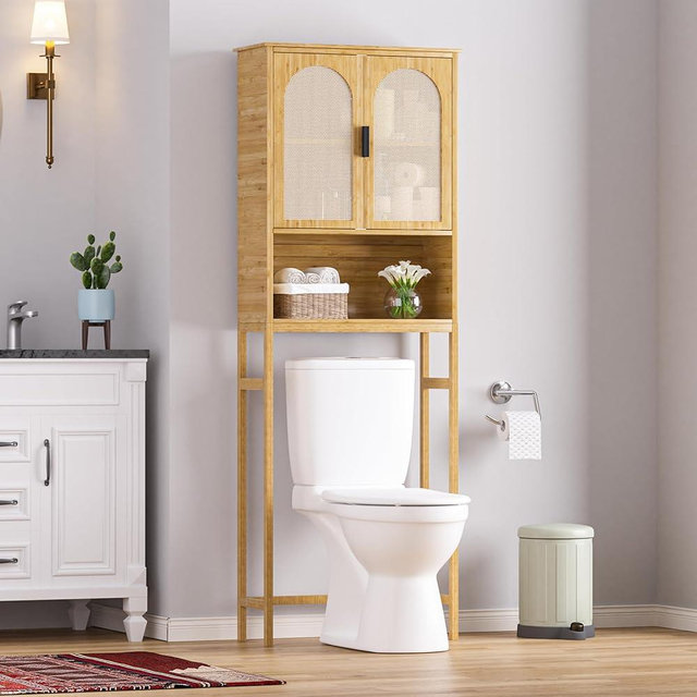 Yardenaler Bamboo Over-The-Toilet Storage Shelf with Inverted U-Shaped Doors, Rattan Surface Bathroom Freestanding Space Saver Organizer with Shelves, Natural