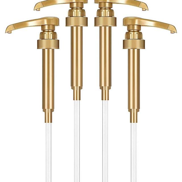 4-Pack Gold Little Squirt Syrup Pumps for Coffee Syrup Bottles, Fits 750ml 25.4oz Torani, Skinny, DaVinci Bottles, Coffee Syrup Dispenser for Coffee Bar