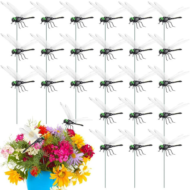 Mysora 24 Pack Dragonfly Garden Stakes Decor, 12.5 Inches 3D Fake Dragonflies for Dooryard Balcony Indoor Plant Flower Pot Decoration,Black