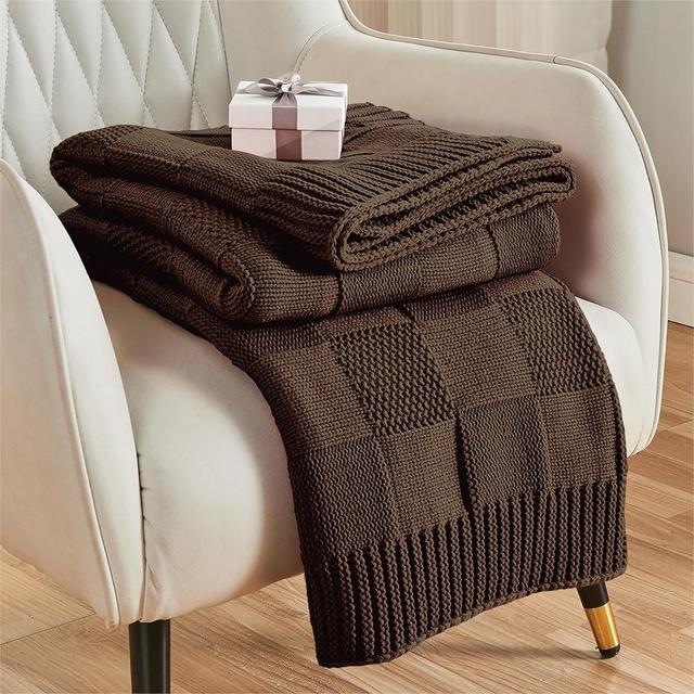 CozeCube Knit Throw Blanket, Brown Checkered Throw Blanket for Couch, Soft Cozy Warm Knitted Throw Blanket for Couch Bed Sofa Living Room, Decorative Fall Throw Blanket 50"X60", Dark Brown
