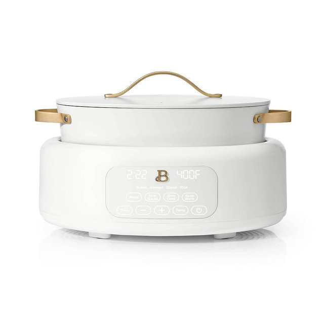 Beautiful 10-in-1 Electric Multi-Cooker, 6-Quart Capacity, 7 Preset Functions, Sauté, Slow Cook, Braise, Steam, Dishwasher Safe, Oven Safe, Durable Stainless Steel Handles (White Icing)