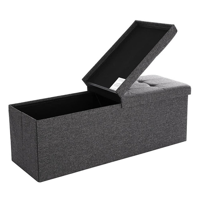 SONGMICS 43-Inch Storage Ottoman, Padded Seat Cushion, Flip-Up Lid, Foldable Fabric Shoe Bench, 660 lb Load Capacity, Dark Gray ULSF76GYZ