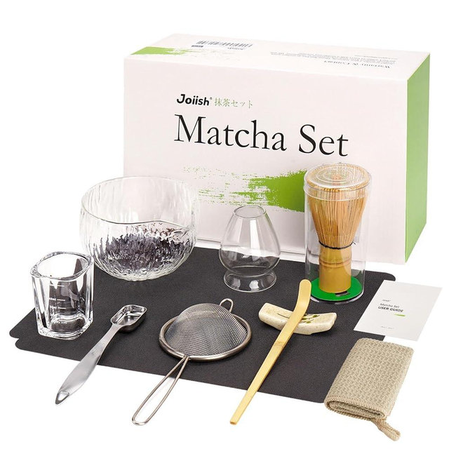 Joiish 10-Pcs Matcha Whisk Set Kit, Whisk and Bowl with Spout & Measuring Spoon & Cup, Japanese Matcha Tea Making Tools, Transparent Textured Glass