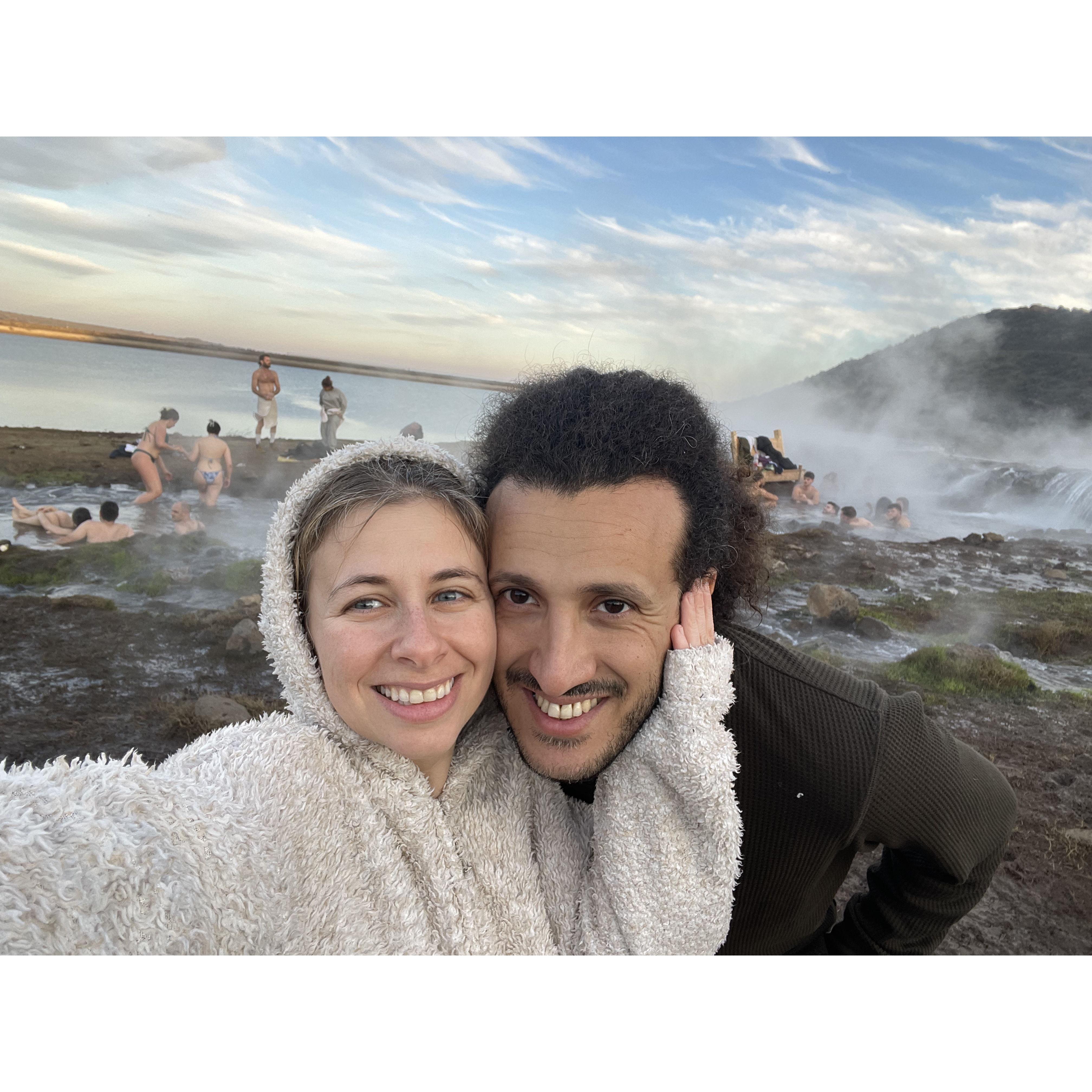 One of my favorite days ever. On a trip up north, we found a "secret" natural hot spring. It was freezing outside, but in the water it was so warm. We're happiest when we're in the water.