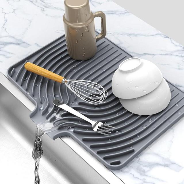 JIUBAR Dish Drying Mat for Kitchen Counter , Silicone Dry Rack Mat with Built in Drain, Kitchen Dry Mats for Dishes Drying Pad for Counter(gray)