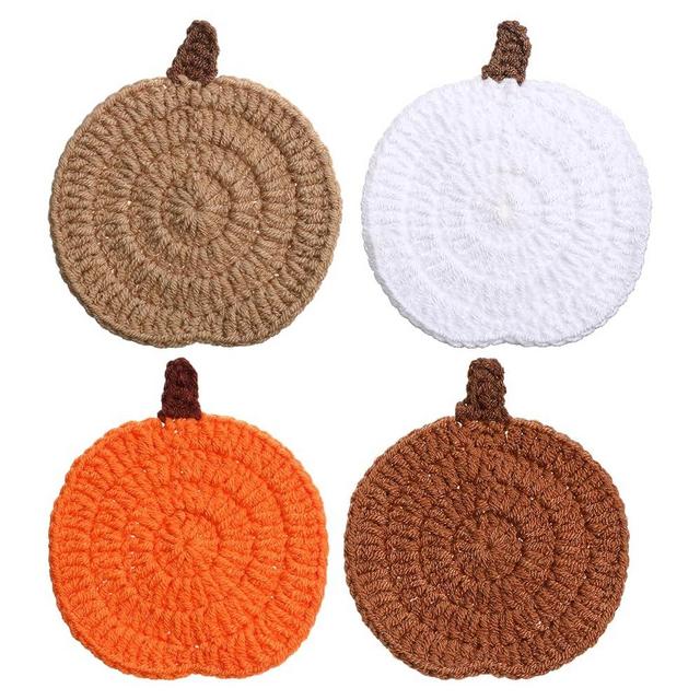 FNANJWQ 4 Pcs Pumpkin Coaster Fall Coasters Crochet for Thanksgiving Fall Pumpkin Decor Handmade Woven Knitted Drink Coaster Cup Pad Mats for Halloween Thanksgiving Kitchen Table Party Decor Gifts