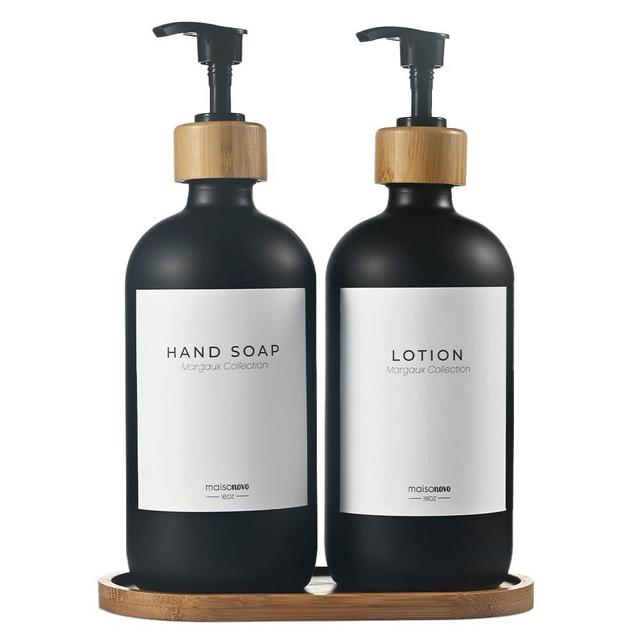 MaisoNovo Black Glass Soap Dispenser with Pump and Bamboo Tray - Kitchen Soap Dispenser Set - Hand Soap Dispenser for Bathroom, Dish and Hand Soap Dispenser Set, Soap and Lotion Dispenser Set of 2