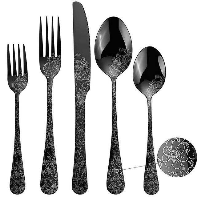 Black Silverware Set, YFBXG 20-piece Stainless Steel Sliverware Flatware Cutlery Set Service for 4,Knives and Forks and Spoons Sets With Patten handle,Mirror Polished