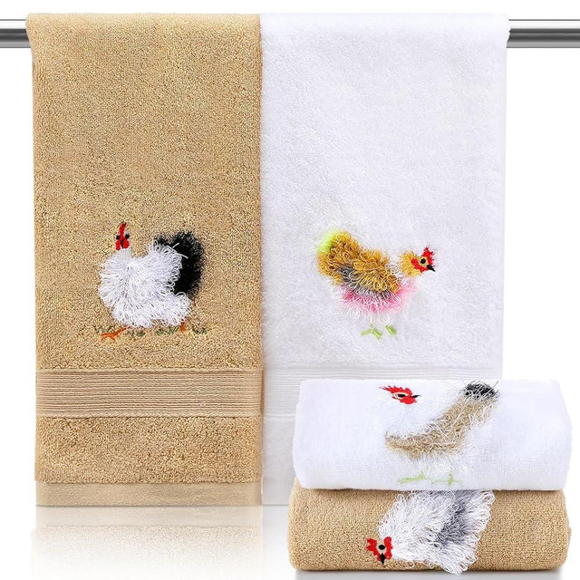 Hahafelt 4 Pcs Farmhouse Chicken Dish Towels Farm Rooster Kitchen Hand Towels Mbroidery 3D Fluffy Feather Chicken Funny Rustic Decorative Embroidered 100% Cotton Soft for Bathroom, 29 x 13 Inches