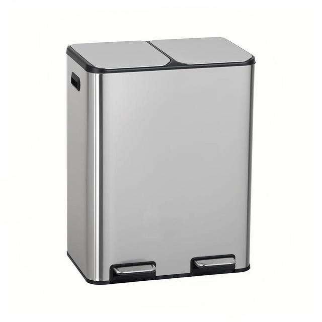 60 Liter / 16 Gallon Dual Compartment Stainless Steel Kitchen Trash Can,Hands-Free Step Trash Bin with Soft-Close Lid, Recycle and Garbage Can Combo, for Kitchen and Living Room (Double-lid pedal)