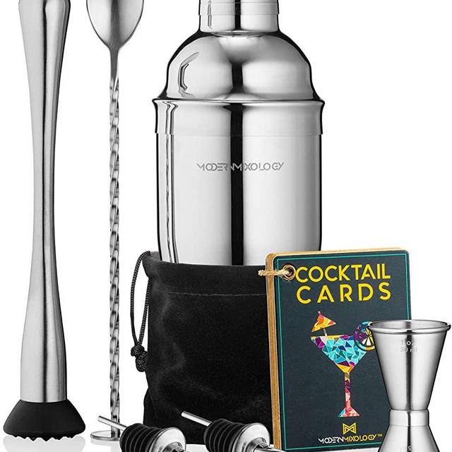 Cocktail Shaker Set Drink Mixer // 8-piece Portable Bartender Kit with 24oz Martini Shaker Bar Tool Set // 2 Pourers // Muddler // Jigger // Mixing Spoon // Velvet Bag // Built-in Strainer (Silver)