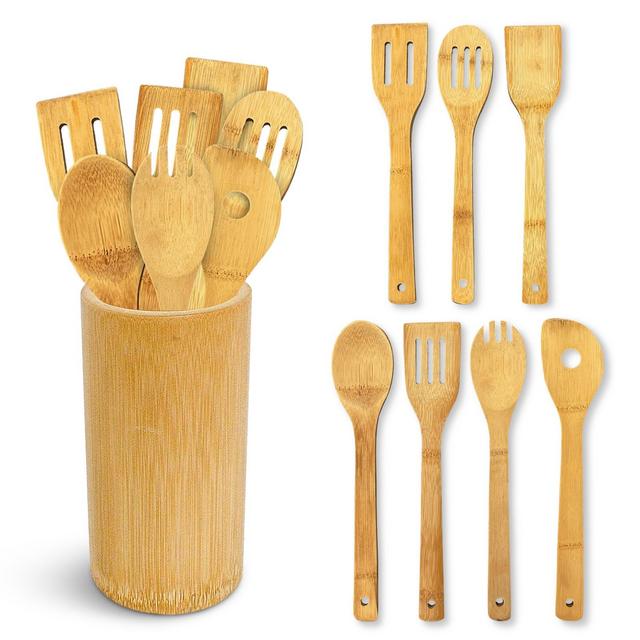 Cheer Collection 8pc Bamboo Cooking Utensils Set with Holder – Natural Wooden Spoons and Spatulas for Nonstick Pans