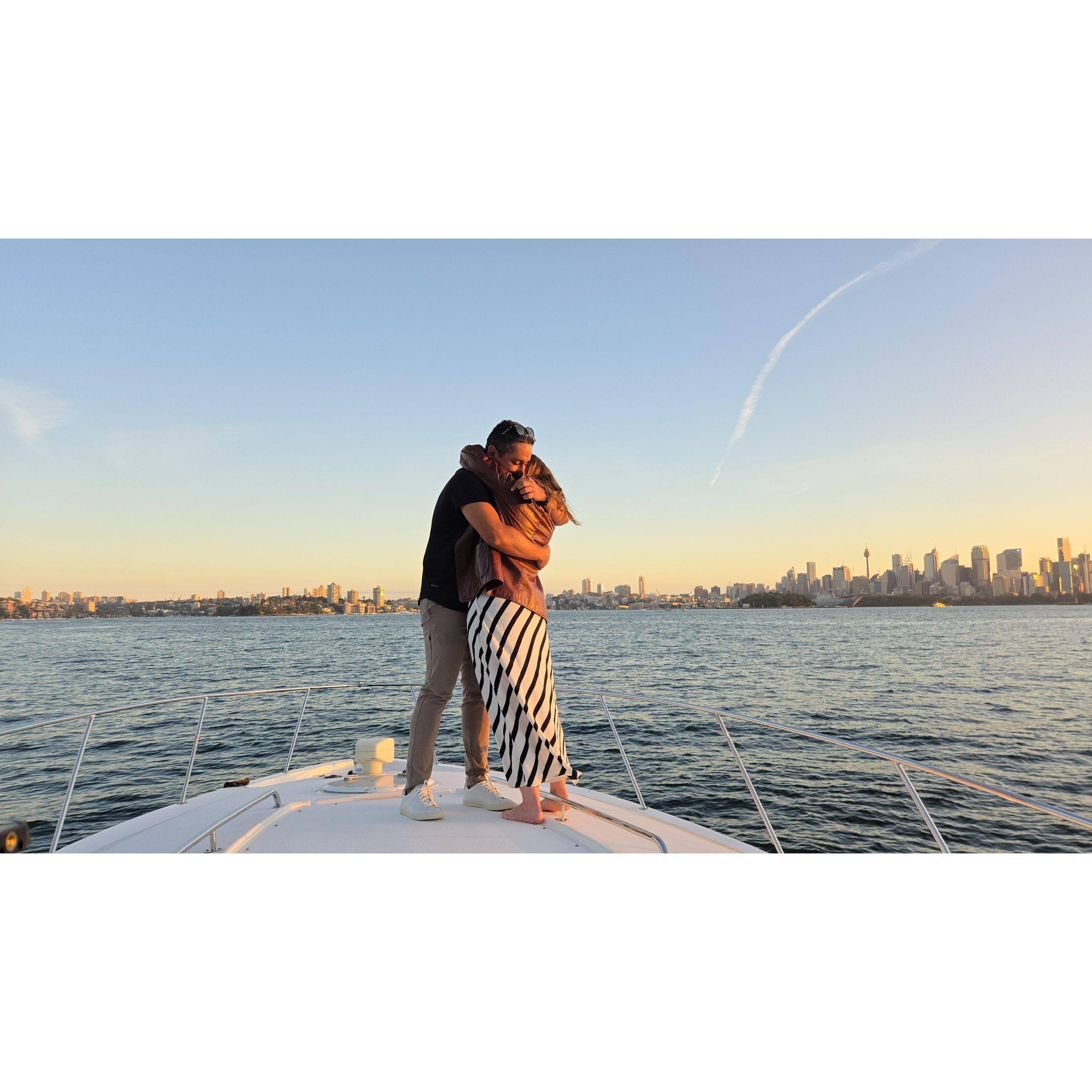 Sunset, a boat, charcuterie, champagne, the Sydney Opera House, the Harbor Bridge, and a proposal: does it get any better than that?