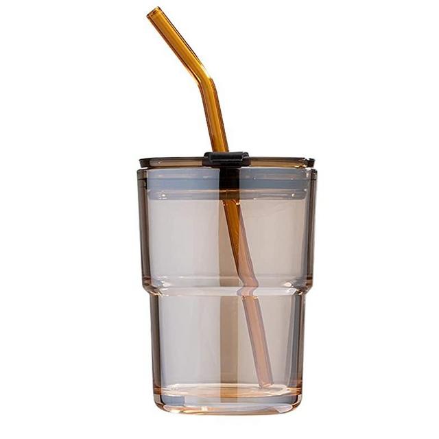 BLUEPOLAR 13oz/400ml Tumbler Water Glass, Water Bottle with Straw and Lid Sealed Carry on, Glass Coffee Mug Iced Tea Cup Thick Wall Insulated Glass Cup (Amber)