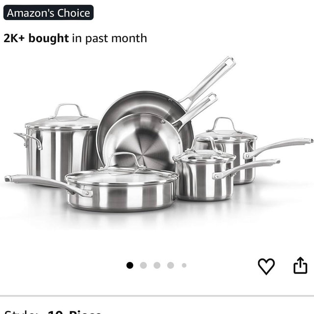 Calphalon Classic Stainless Steel Cookware Set, 10-Piece, Impact-Bonded Aluminum Base, Stay-Cool Handles, Oven Safe 450F, Silver