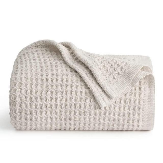 BEDSURE 100% Cotton Blankets King Size for Bed - 405GSM Waffle Weave Blankets for All Seasons, Cozy and Warm, Light Khaki Soft Lightweight Woven Blankets, 104x90 inches