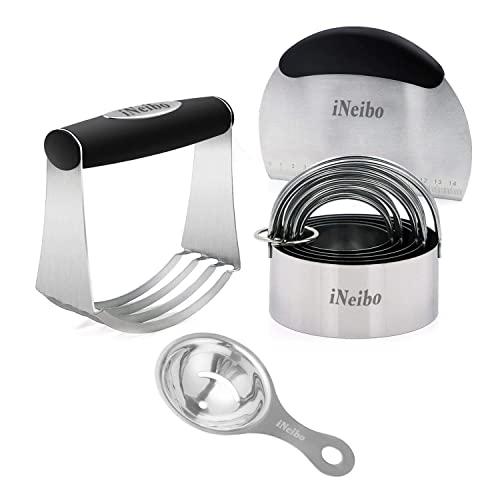 iNeibo Professional Quality Biscuit Cutter Set Dough Blender/Cutter 5Pcs Round Cookies Cutter with Handle + Pastry Scraper+Egg Separator Heavy Duty Baking Dough Tools Pastry Utensils