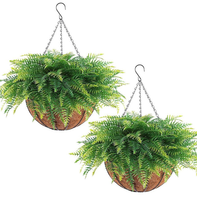 Rowfad 2 Set Artificial Hanging Fern Plants Outdoor Fake Hanging Ferns Planter, UV Resistant Faux Fern Plant Baskets for Outdoors Patio Garden Home Decor (Plastic, 2)