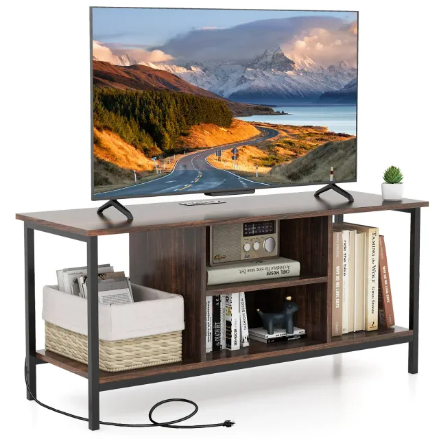 Tangkula TV Console Table w/ Power Outlets 50" Industrial TV Stand w/ Open Shelves & Compartments