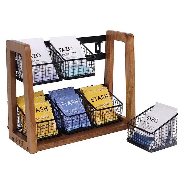2 Tier Tea Organizer for Tea Bags by HTB, Tea Bag Holder with Acacia Wood Stand and 6 Removable Metal Basket for Sugar Packets, Sweeteners, Creamers, and Drink Pods for Cabinet, Countertop or Wall-mounted