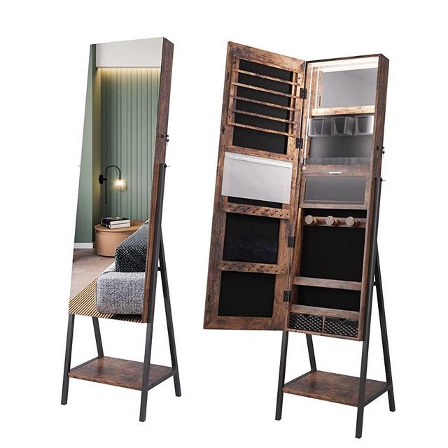 Jajov Lighted Mirror with Jewelry Storage, Jewelry Cabinet organizer 47.2"H Full Length Mirror Jewelry Armoire Built-in LED-Lit Makeup Mirror Standing Lockable jewelry box mirror (Rustic Brown)