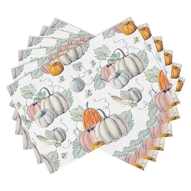 Fantasy Staring Thanksgiving Placemats, Pumpkins Placemats Set of 6 Watercolor Pumpkins Happy Thanksgiving Recipe Fall Placemats for Dining Table Non-Slip Washable Table Place Mats 13 x 19 Inch