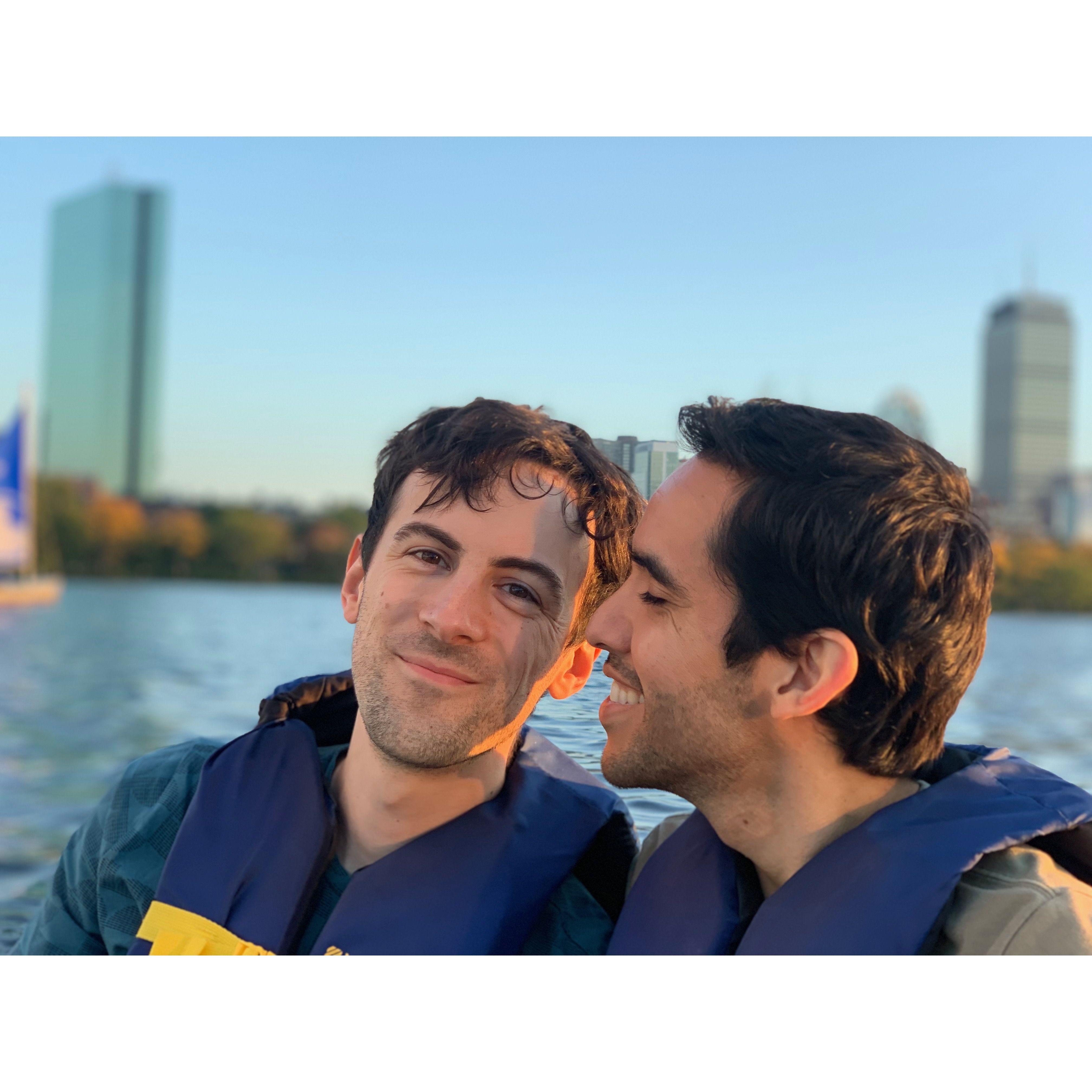 One of our friends took this picture of us during our first sail together on the Charles River in Boston.