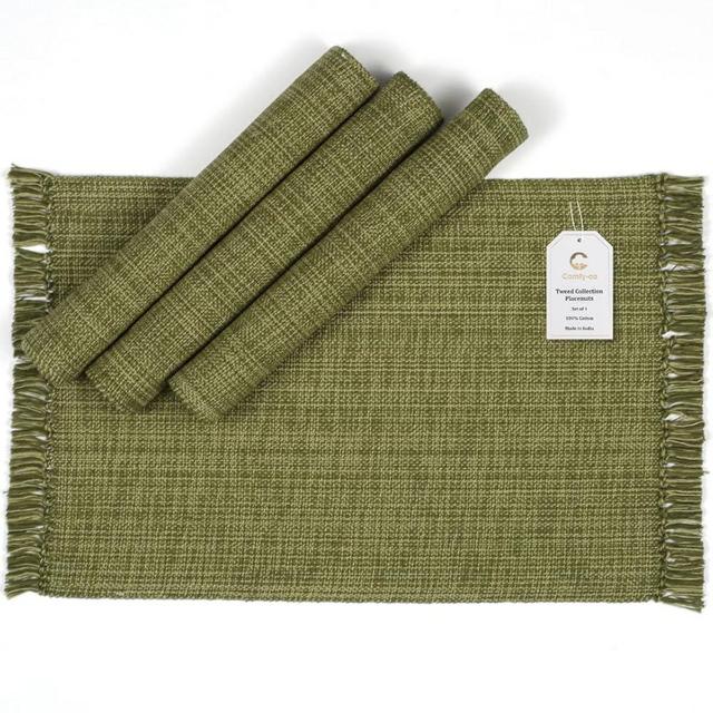 Comfy-co 100% Cotton Placemats Set of 4 - Farmhouse Reversible Placemats for Wedding Parties BBQ's Everyday Holidays - Soft Durable Non-Slip Washable 13x19 inches Table Mat Set Leaf Green