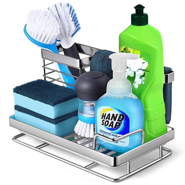 Homemaxs Sponge Holder for Sink【2021 NEWEST】, Sink Caddy Sponge Soap Brush Holder with Innovative Storage, 304 Stainless Steel Kitchen Sink Organizer with Front Drain Pan &Widen Draining Design