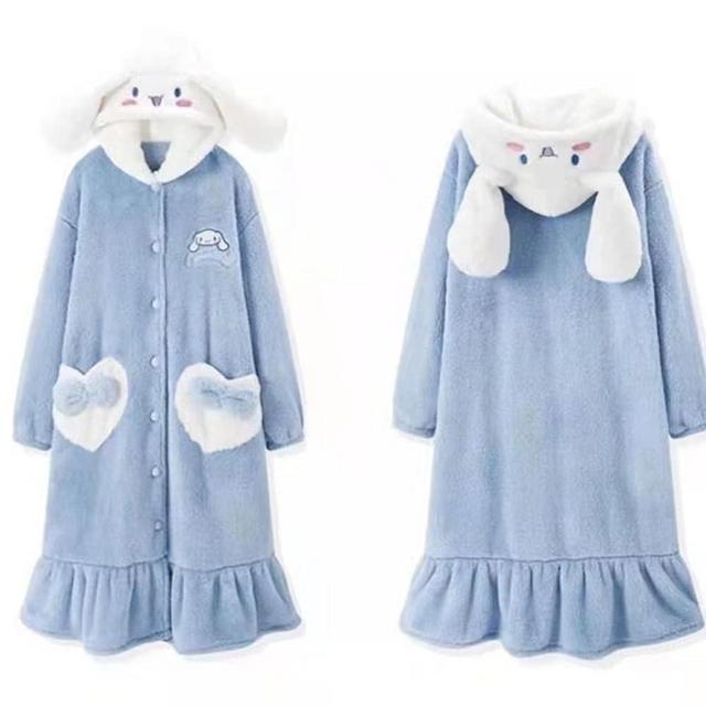 Women's Robe Button Bathrobe Women's Hoodie Coat Plush Warm Pajamas Long Sleepwear with Cute Pattern Pocket Pajamas
