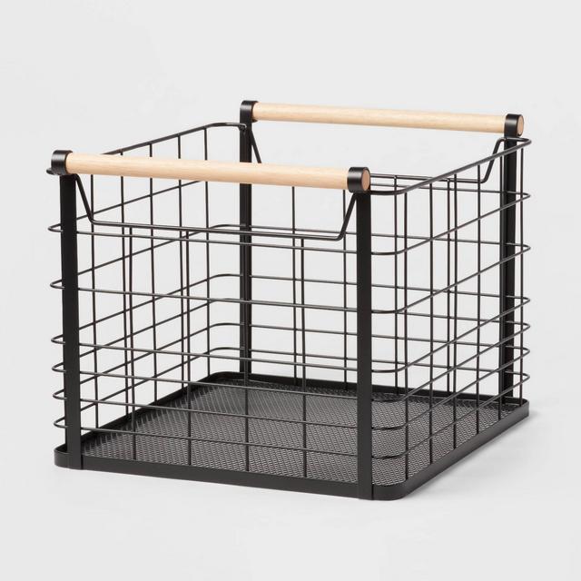 Large Wire Natural Wood Handles Milk Crate Black - Brightroom™