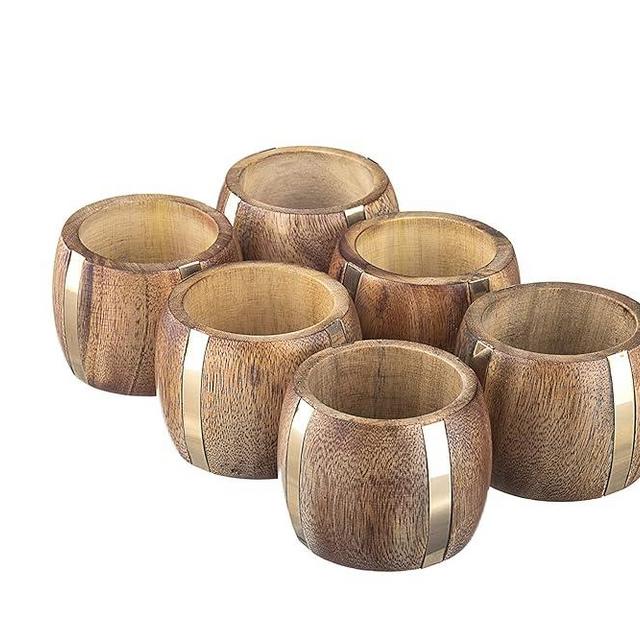 CMEI Brass & Wood Napkin Rings, Set of 6