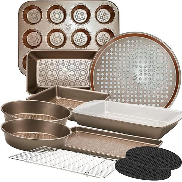 KITCHENATICS Nonstick Bakeware Set, 12-PC Heavy Duty Professional Kitchen Baking Pan Set Cookie Sheet Set, Cooking Baking Set, Baking Pans, Carbon Steel Bakeware Set, Oven Pan Set - Champagne Gold