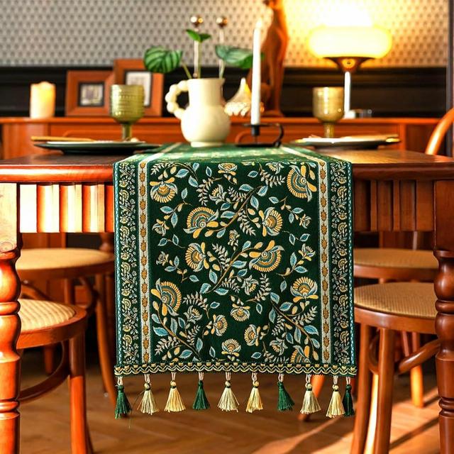 DHRH 13×72 Inch Table Runner, Retro-Luxury Tassels Series for Kitchen Dining Table Holiday Decoration (Green Branch)