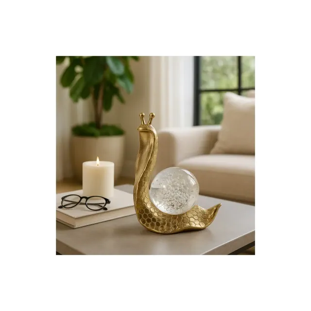 Decorative Snail Figurine Sculpture with Orb Glass Ball - Modern Statue Ideal for Home, Office, or Living Room Decor - 8", Gold
