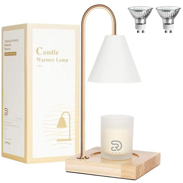 Candle Warmer Lamps, Dimmable Candle Lamp with Wood Base, Top Down Candle Warmer on Table, Electronic Candle Melting Lamps for Scented Jar Candle with 2 Bulbs (White Metal Shade)